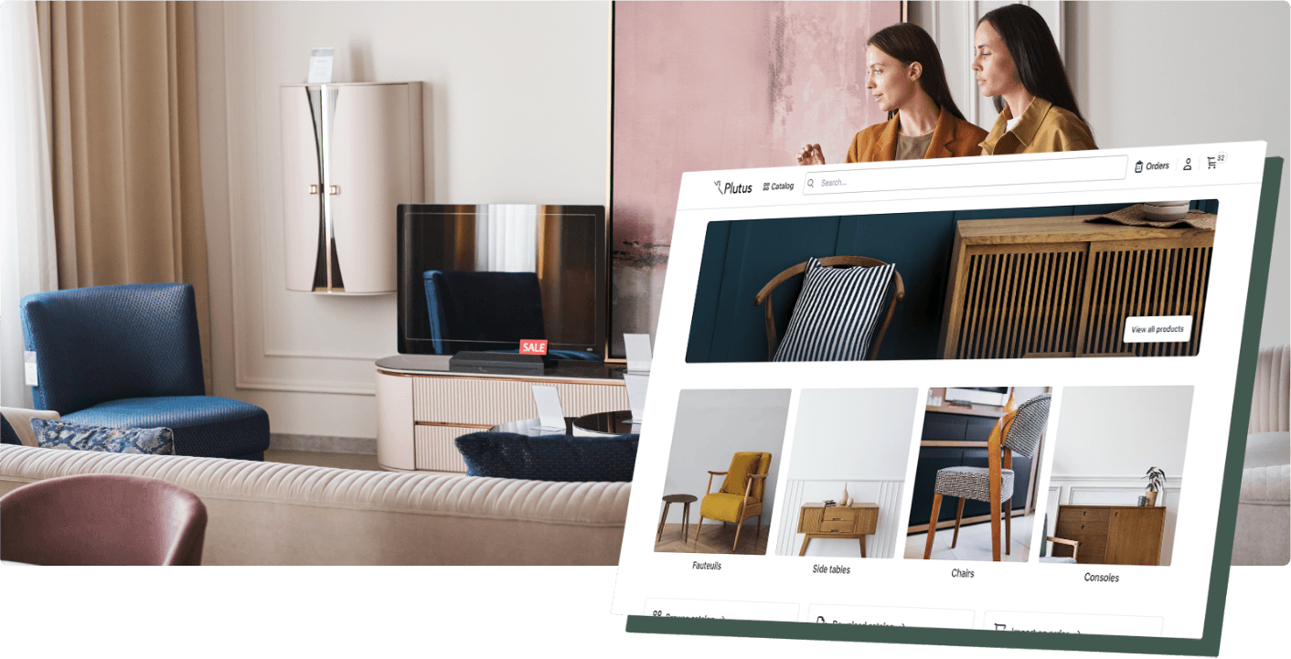 B2B Portal powered by Orderchamp showing a branded wholesale storefront for furniture products, enabling retailers to browse and order products online