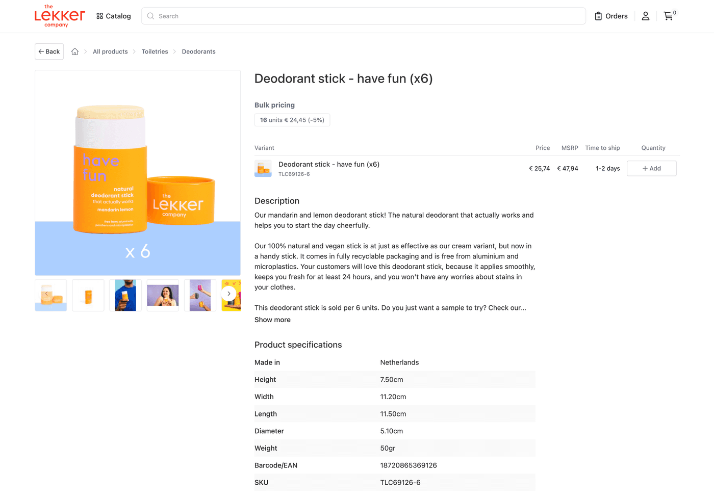 B2B Customer Portal of The Lekker Company Build with Orderportal - Single product page