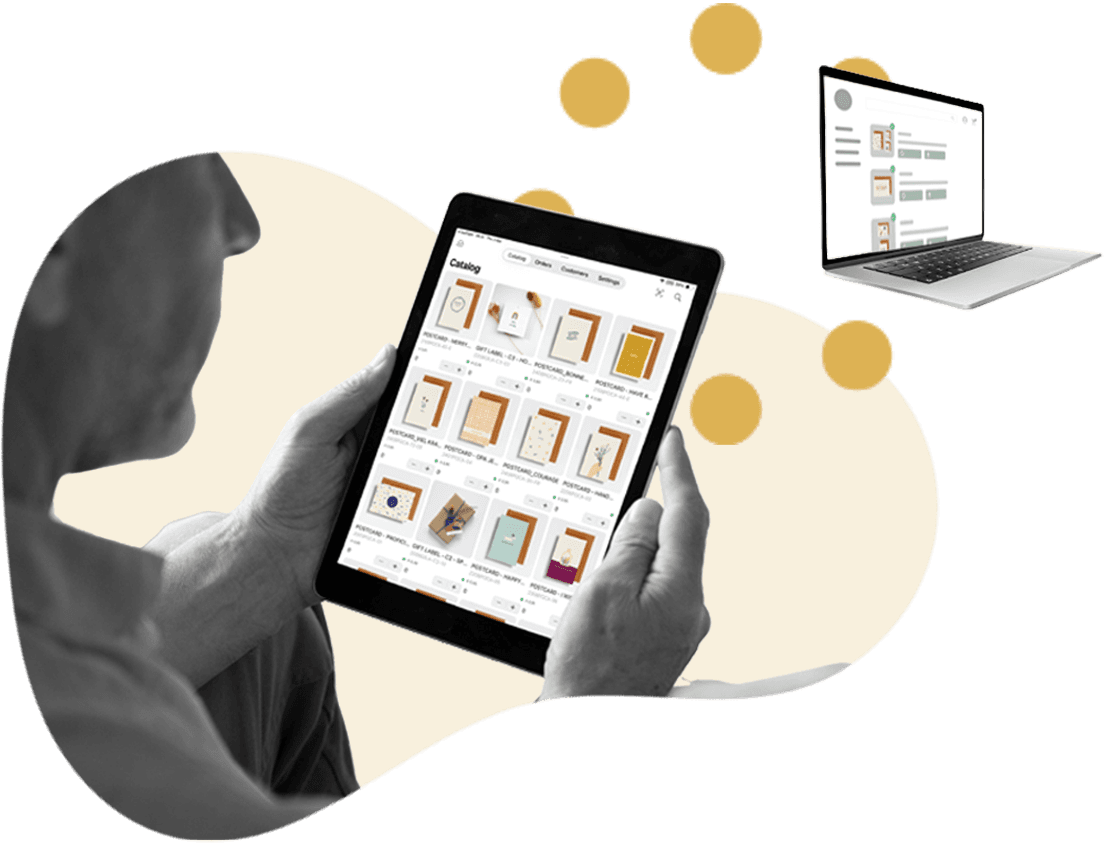 Maquette de Sales App d'Orderchamp avec navigation mobile dans le catalogue de produits et interface connectée de gestion des ventes B2B pour les représentants commerciaux