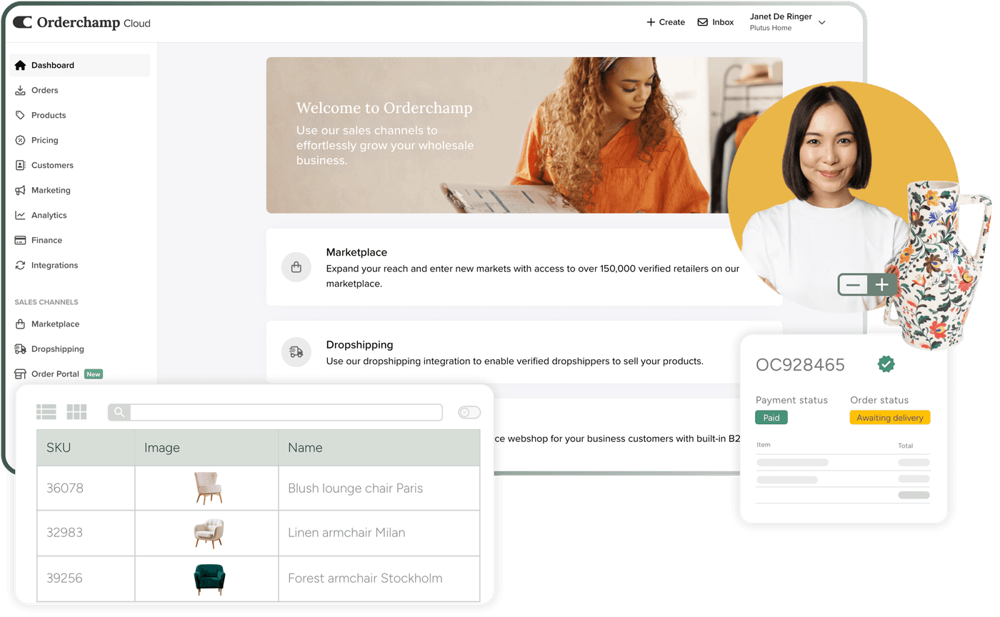Orderportal interface de plateforme avec la gestion des ventes B2B, l’intégration de la place de marché, la gestion du catalogue de produits, les données clients et les flux de travail des commandes